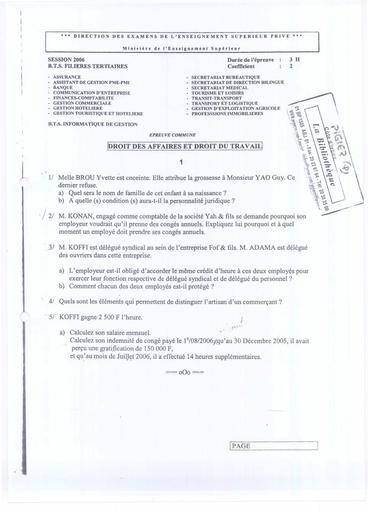 Examen BTS 2 2006 DROIT Tertiaire
