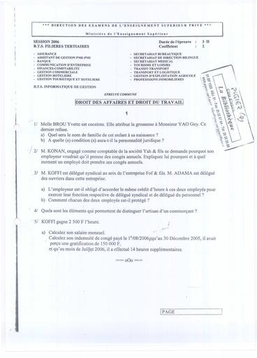 Examen BTS 2 2006 DROIT Tertiaire