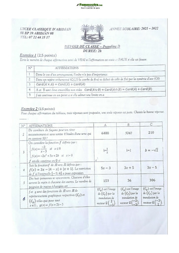 Devoir de Niveau Terminale D Lycée Classique Abidjan