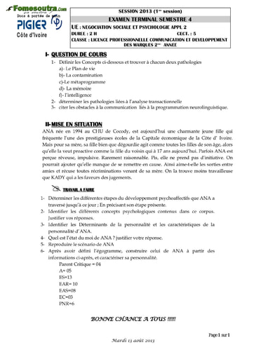 Sujet Négociation sociale et psychologie appliquée - 2eme année Licence professionnelle Communication et Developpement - PIGIER (2013)