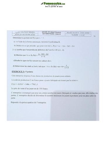 Sujet de Mathématiques Seconde C 2021-2022 Lycée Classique Abidjan