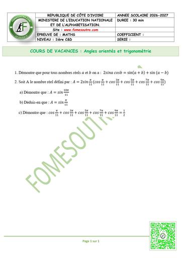 FICHE 10 MATHS 1ière C&D Angles orientés et trigonométrie by TEHUA
