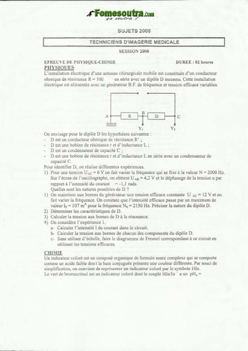 Sujet Physiques-Chimie Technicien d'Imagérie Médicale INFAS 2008