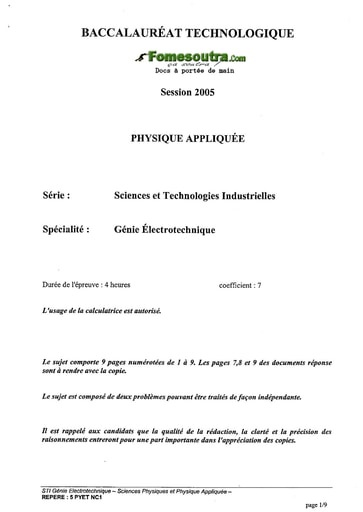 Sujet de Physique Appliquée - BAC Génie Électronique 2005