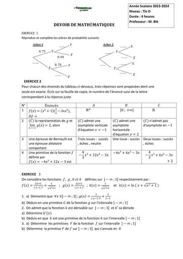 DEVOIR DE NIVEAU MATHS Tle D TRIMESTRE 3 2024 BY TEHUA