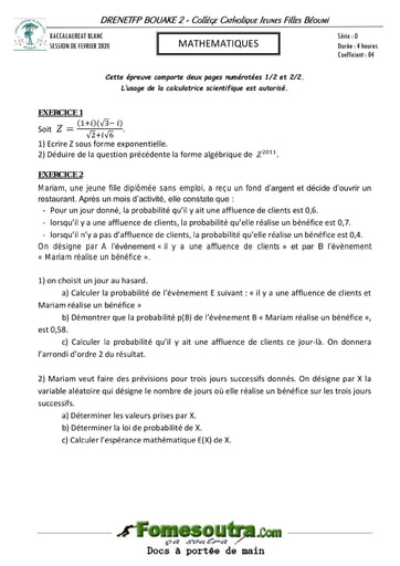Sujet de Mathématiques BAC blanc série D 2020 - Collège Catholique Jeunes Filles Béoumi (DRENETFP BOUAKE 2)