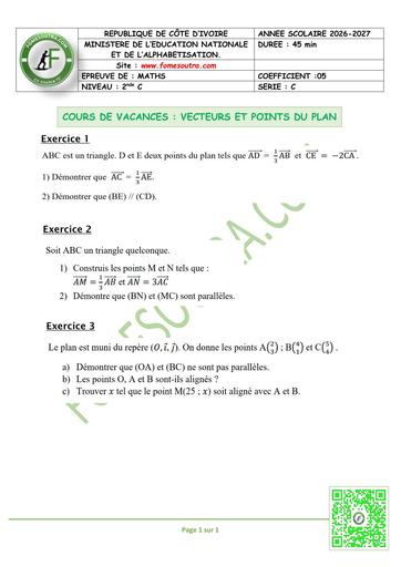 FICHE 1 MATHS 2nde C VECTEURS ET POINTS DU PLAN BY TEHUA