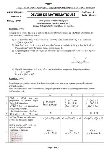 DEVOIR DE MATHS N°1 NIVEAU 1ière D KORHOGO BY TEHUA