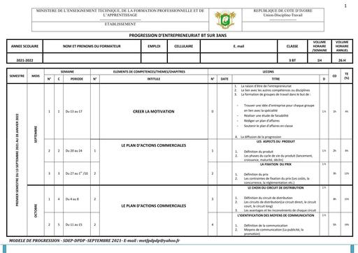 PROGRESSION D'ENTREPRENEURIAT BT SUR 3ANS (3BT)
