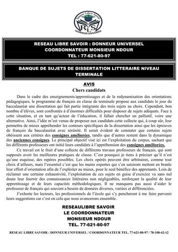 Document BANQUE DE SUJETS DE DISSERTATION Littéraire Tle ACD By Tehua