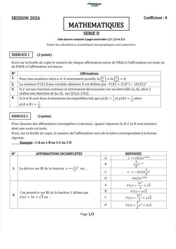 BAC blanc 2026 Maths serie D Drena Abidjan sujet By TEHUA