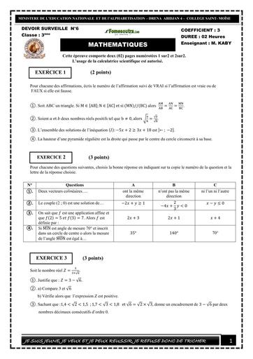Devoir surveillé maths 3ième AVRIL 2025 trimestre 3 BY TEHUA