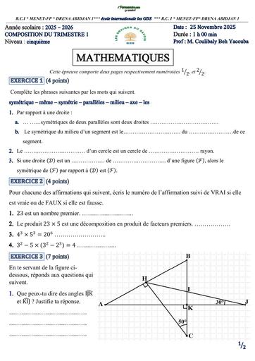 COMPOSITION DU TRIMESTRE 1 Maths 5ième LES GDS By Tehua