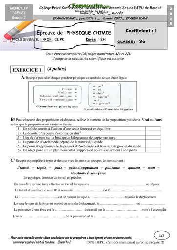 Sujet de Physique-Chimie niveau 3ème - Collège Privé Confessionnel Betsaleel des Assemblées de DIEU de Bouaké