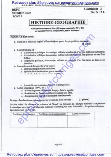 Preuve et Corrigé d’Histoire Géographie – BEPC Session 2025 Zone 1