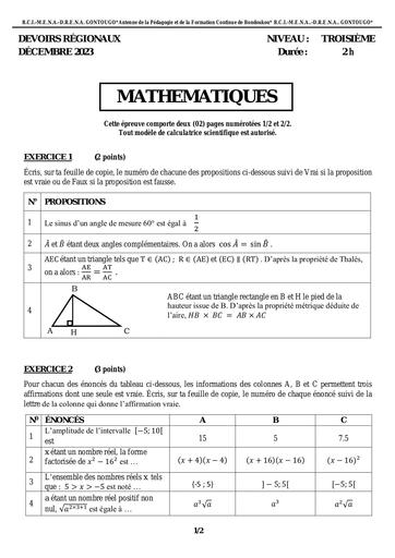 Partielle 2023 2024 EPREUVE DE MATHS 3ème Gontougo by Tehua