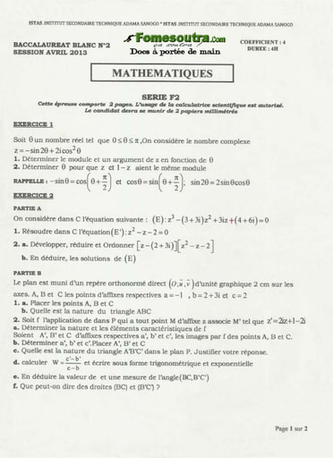 Sujet de Maths BAC blancs série F2 ADAMA SANOGO 2013