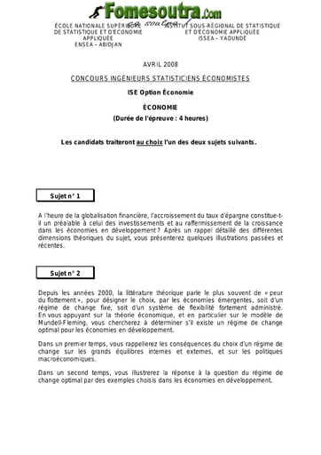 Sujet Economie ISE option économie 2008 (ENSEA - ISSEA)