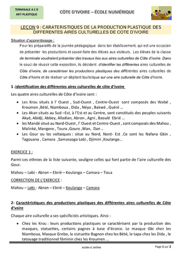 Caractéristiques de la production plastique des différentes aires culturelles de Côte d'Ivoire - Cours d'Art Plastique niveau Terminale