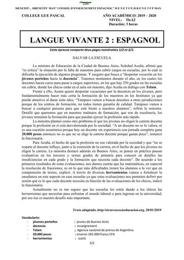 DEVOIR D'ESPAGNOL LV2 NIVEAU TLE A COLLEG GUE PASCAL DE MAN 2020 BY TEHUA