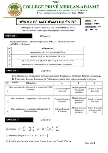 DEVOIR DE NIVEAU MATHS niveau 3ième MERLAN 12 NOVEMBRE 2025( EXERCICE 4 MODIFIE) rectifié by TEHUA