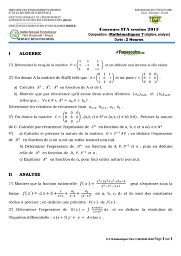 Sujet de Mathématique 7 concours ITA 2013