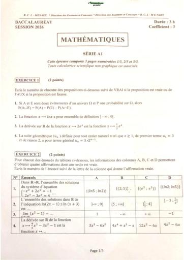 Bac 2026 Sujet Maths série A1 By Tehua