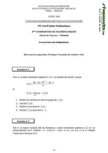 Sujet et Corrigé 2ème épreuve de maths ITS B option Maths 2016 (ENSEA)