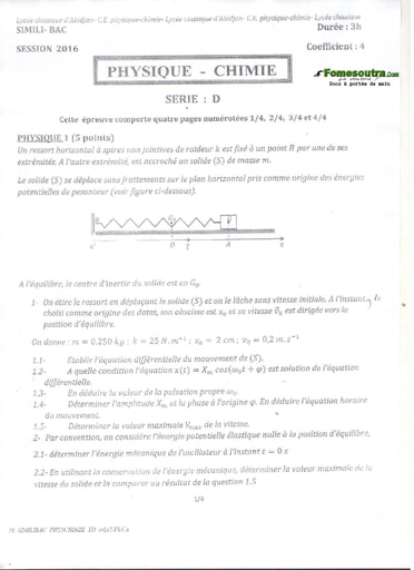 Sujet de Physique-Chimie BAC blanc 2016 série D Lycée Classique d'Abidjan