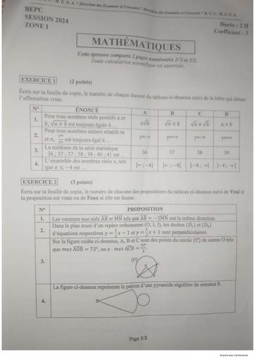 BEPC 2024 Maths + barème Zone 1 by Tehua