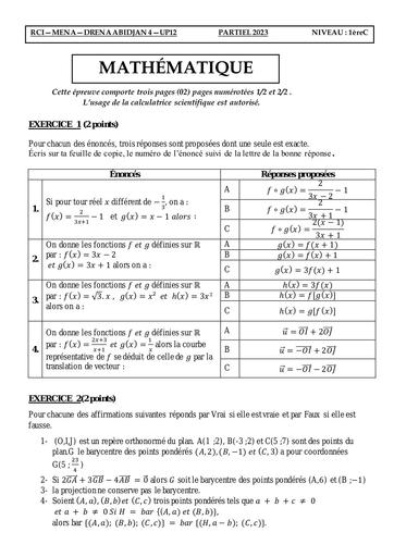 Partiel décembre 2023 Maths 1ière C UP21 by Tehua