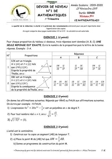 DEVOIR DE MATHS NIVEAU 3ième LYCEE GARCON DE BINGERVILLE 2020 BY TEHUA