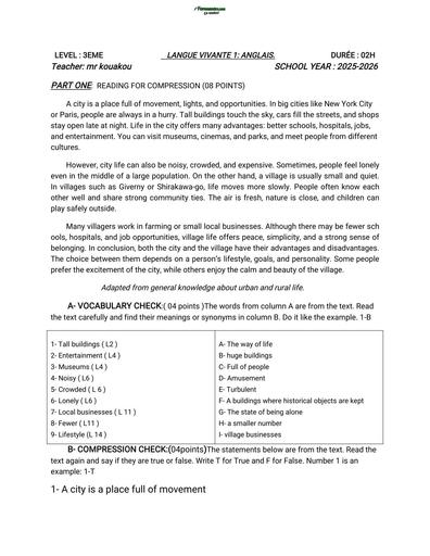 DEVOIR D'ANGLAIS NIVEAU 3ième 2026 by TEHUA