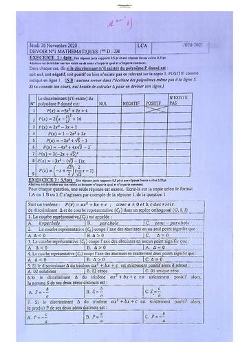 Sujet de Mathématique Première D Lycée Classique Abidjan 2022-2023