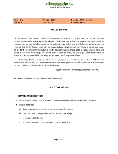 Sujet d'orthographe (dictée-question) BEPC - Togo