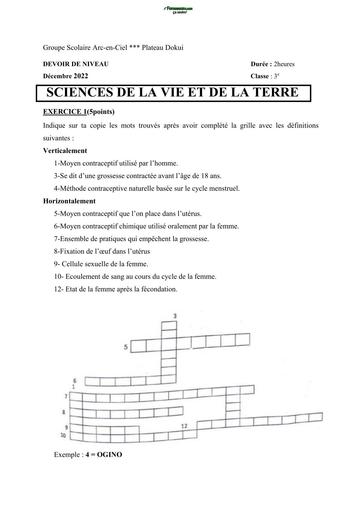 DEVOIR DE SVT NIVEAU 3ième ARC EN CIEL 2022 BY TEHUA