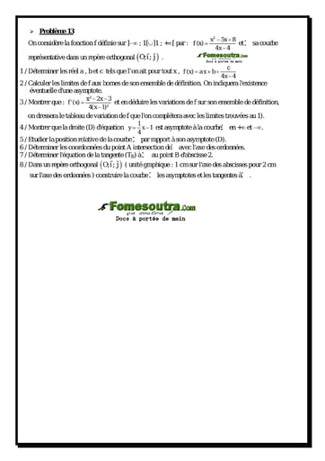 Problème (13) Etude d'une fonction rationnelle - Maths Terminale D