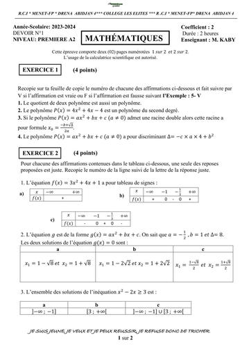 DEVOIR DE MATHS NIVEAU 1ière A2 by TEHUA