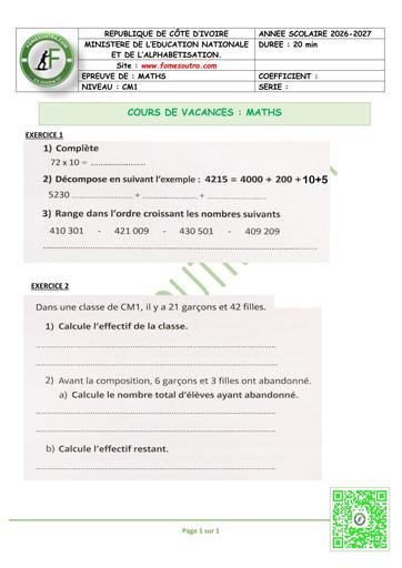 FICHE 2 MATHS CM1 calculs rapides et problème by TEHUA