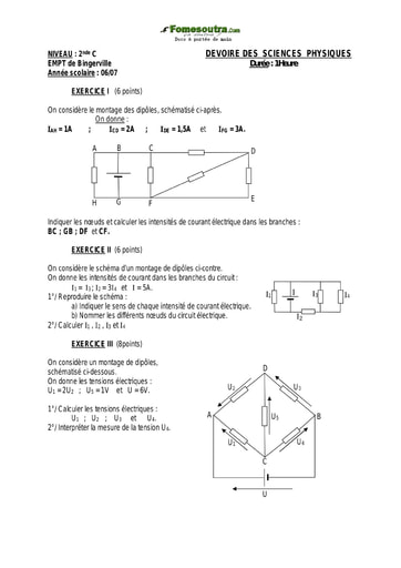 Devoir (19) de Physique (Tension et Intensité) 2nde C - EMPT Bingerville