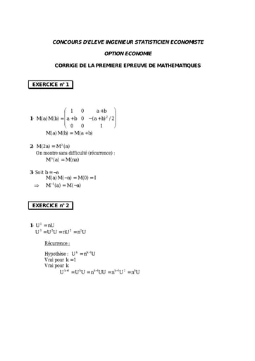 Corrigé 1ère épreuve de maths ISE option économie 1999 (ENSEA)