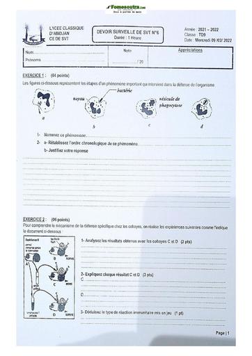 Sujet de SVT Terminale D 2021-2022 Lycée Classique Abidjan