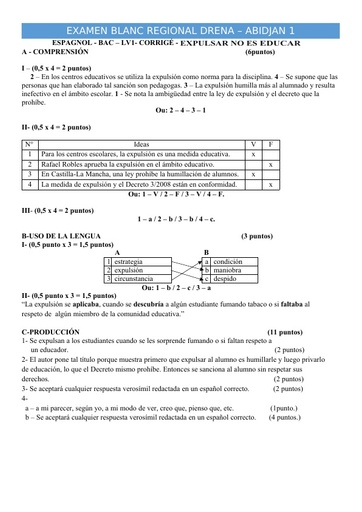 Barême bac blanc 2024 Espagnol Corrigé LV1 A1 A2 dren Abidjan 1 by Tehua