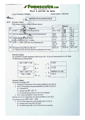 Devoir Mathématiques Première C Lycée Classique d'Abidjan