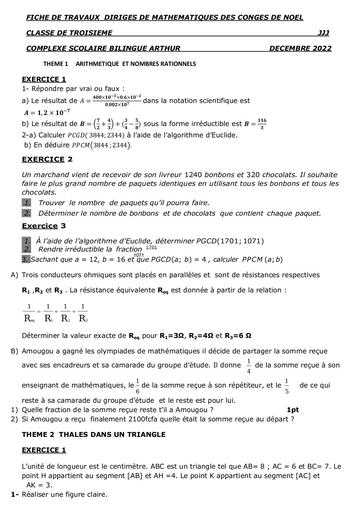 3e FICHE DE Travaux dirigés DE MATHS DES CONGES DE NOEL by Tehua