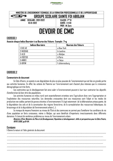 Devoir de CMC Première B 2020 2021 Collège Sainte Foi