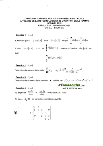 Sujet de Maths concours EAMAC cycle Ingénieur session 2013