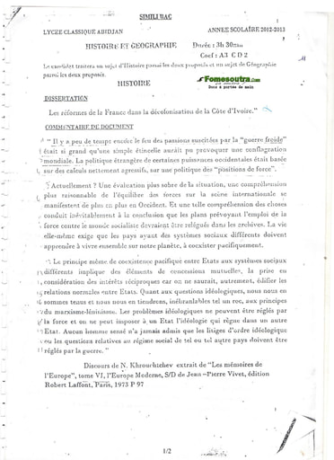Sujet d'Histoire et Geographie BAC blanc 2014 serie A, C et D - Lycée Classique d'Abidjan