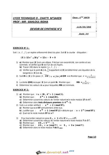 Devoir de Synthèse N°2 Math Bac Math 2014 2015 Mr BAHLOUL RIDHA by Tehua