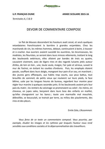DEVOIR Français commentaire composé UP oumé Tles 2016 by Tehua